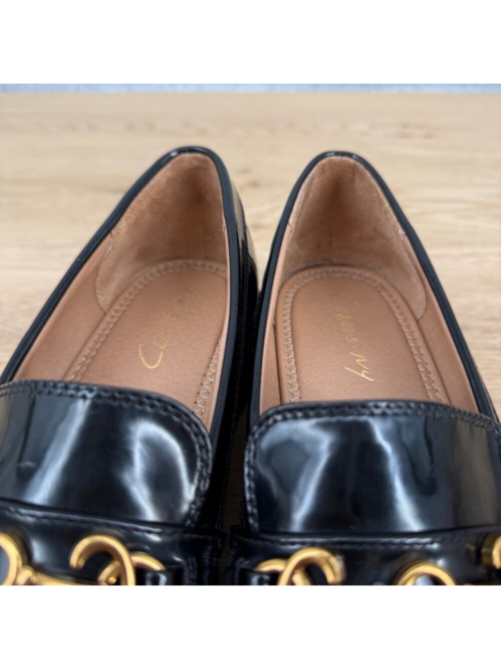 Circus Sam Edelman Ella Lug Sole Loafer Shoe Size 10 Black Patent Gold Platform - Picture 9 of 14